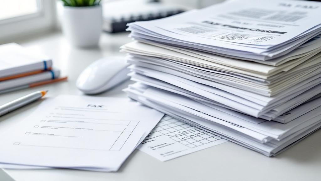 A stack of printed financial documents on a desk, surrounded by pens, a mouse, and a plant in a bright office setting.