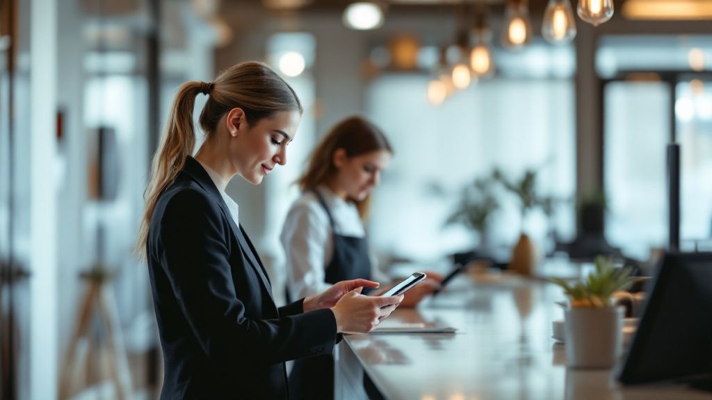 Hospitality employee using a smartphone at a counter in a modern cafe or restaurant