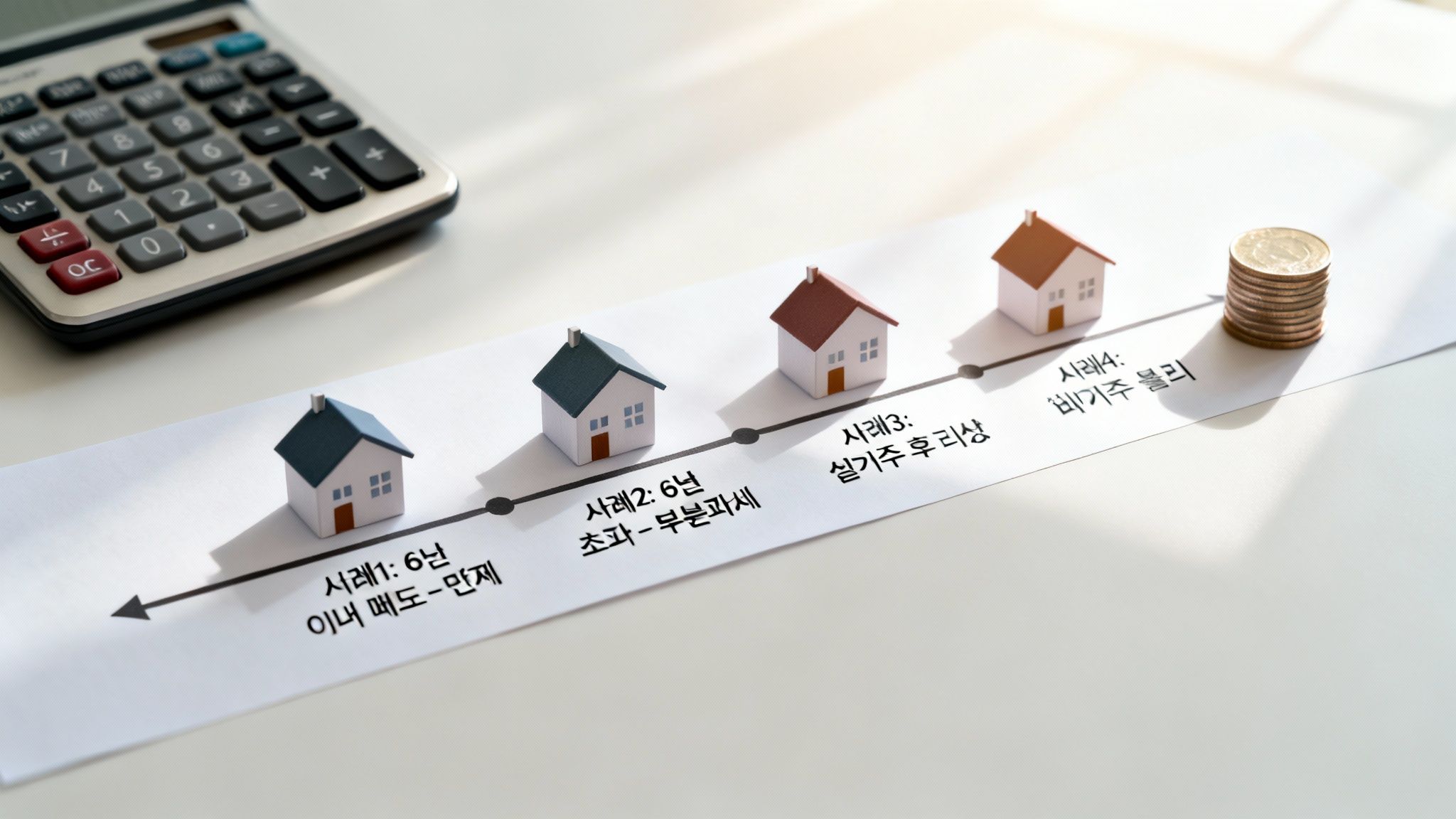 계산기 옆 종이 위 주택 모형과 동전으로 6년 기간의 부동산 세금 시나리오를 설명하는 이미지.