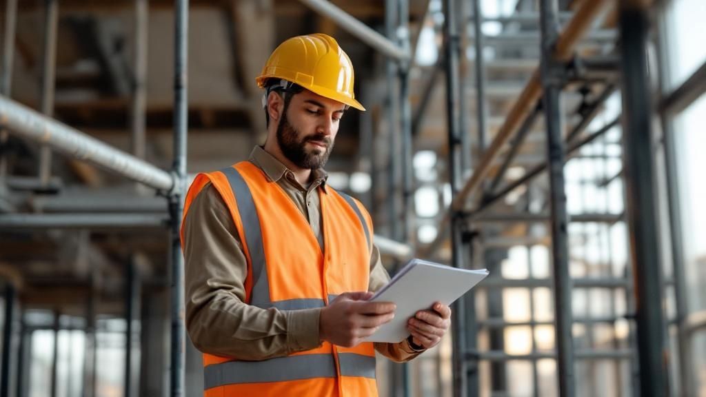 Construction worker wearing safety vest and helmet, reviewing documents on a tablet at a building site