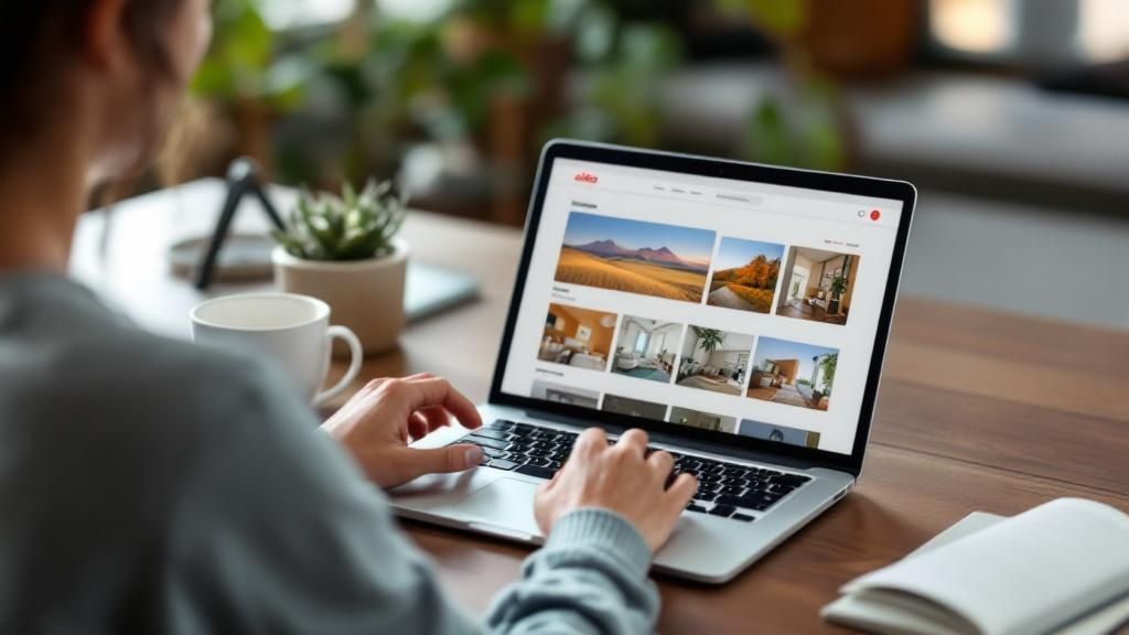 A person browsing Airbnb listings on a laptop at a wooden table, with a coffee mug, potted plant, and notepad nearby — representing an Airbnb host managing listings and income from home.