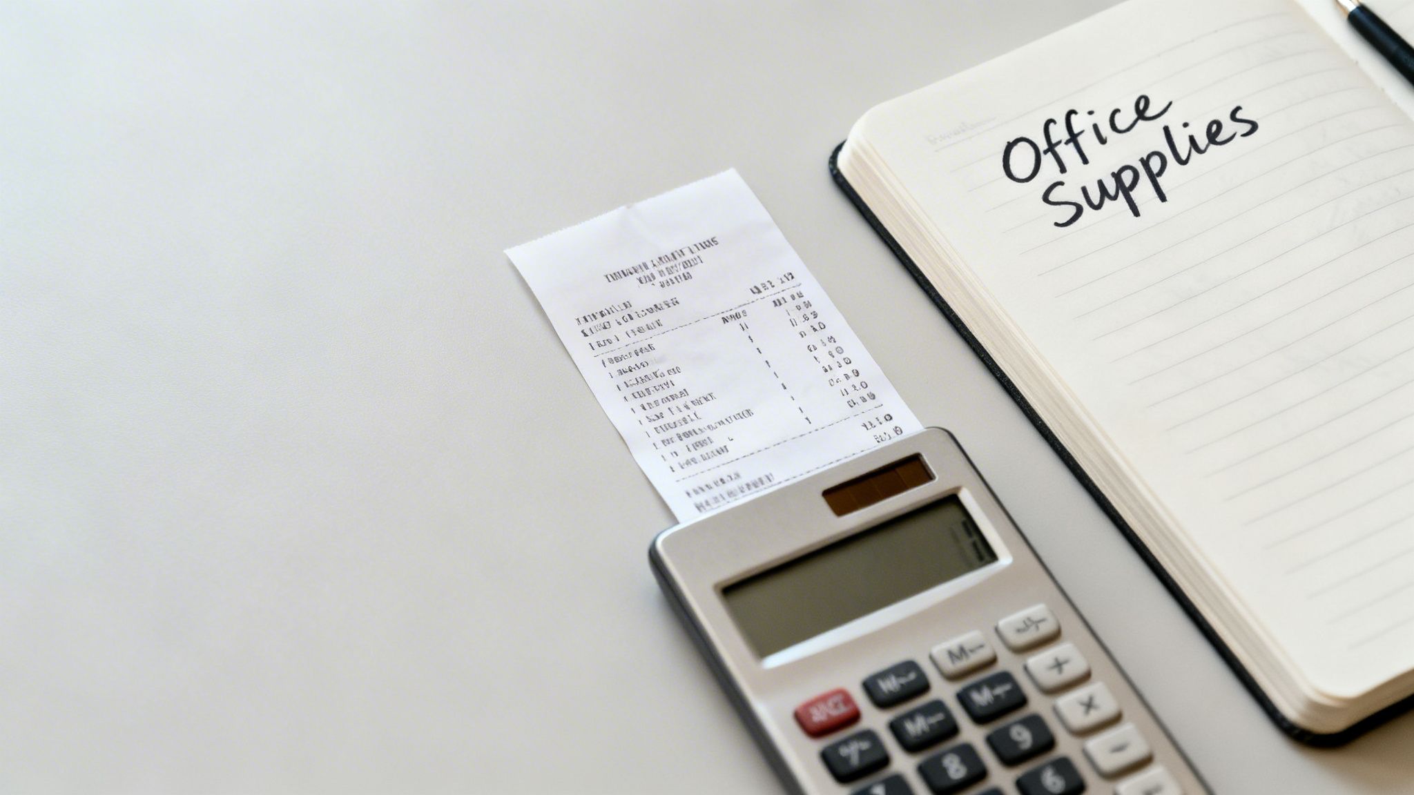 A calculator with a long receipt, an open notebook with 'Office Supplies' written, and a pen.