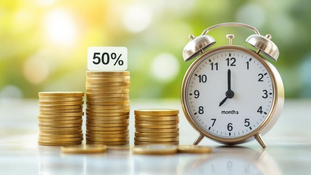 Stacks of gold coins with a 50% sign beside an alarm clock labeled 'months', representing the 12-month CGT discount rule in Australia.