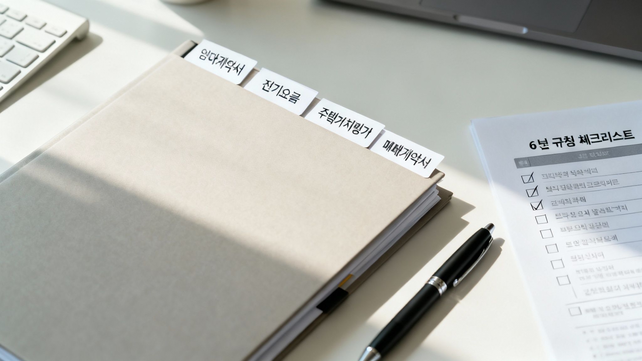 책상 위 임대 계약서와 매매 계약서 탭이 있는 서류 파일과 6분 규칙 체크리스트