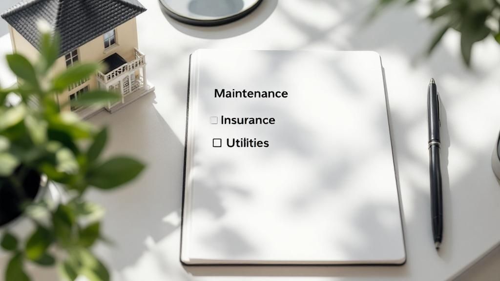 Notebook with checklist for rental property running costs including maintenance, insurance, and utilities