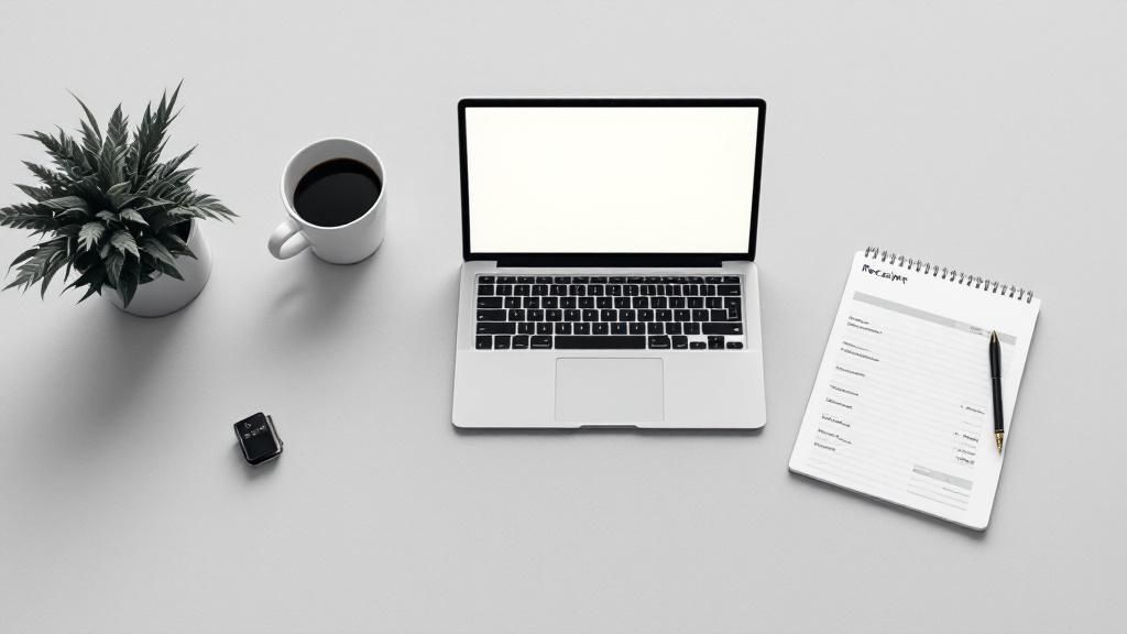 Top view of a workspace with a laptop, coffee mug, receipt notepad, and pen—ideal for managing digital tax records.