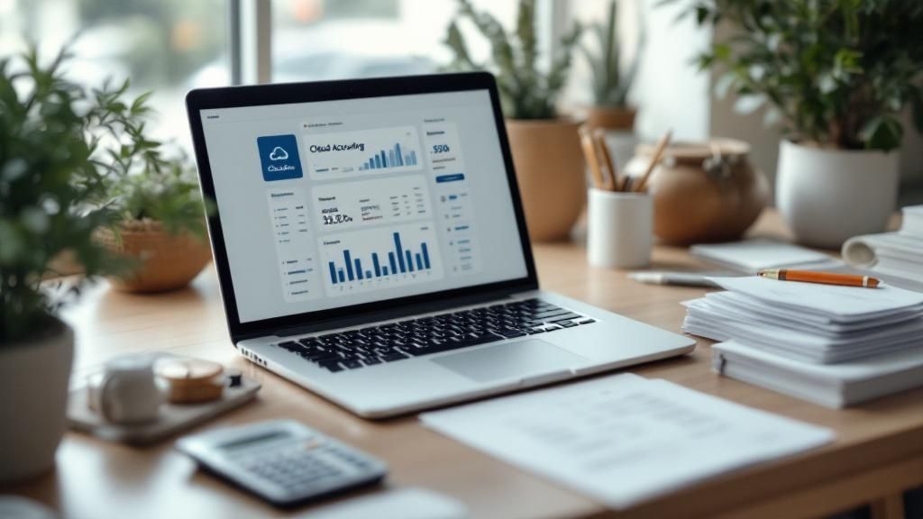 Laptop displaying cloud accounting software with charts and financial data on a wooden desk