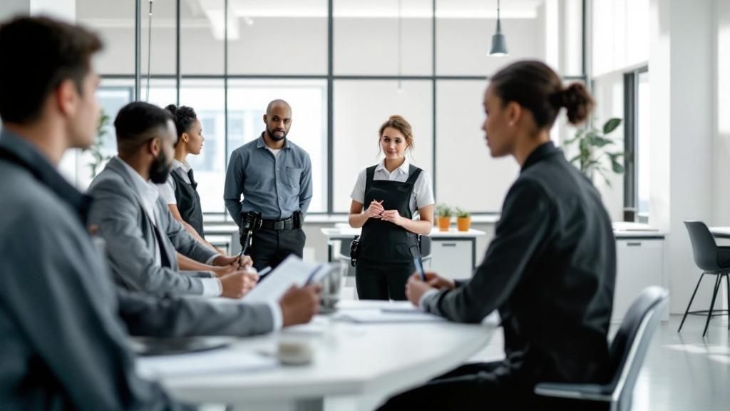 Security team gathered around a conference table during a professional meeting