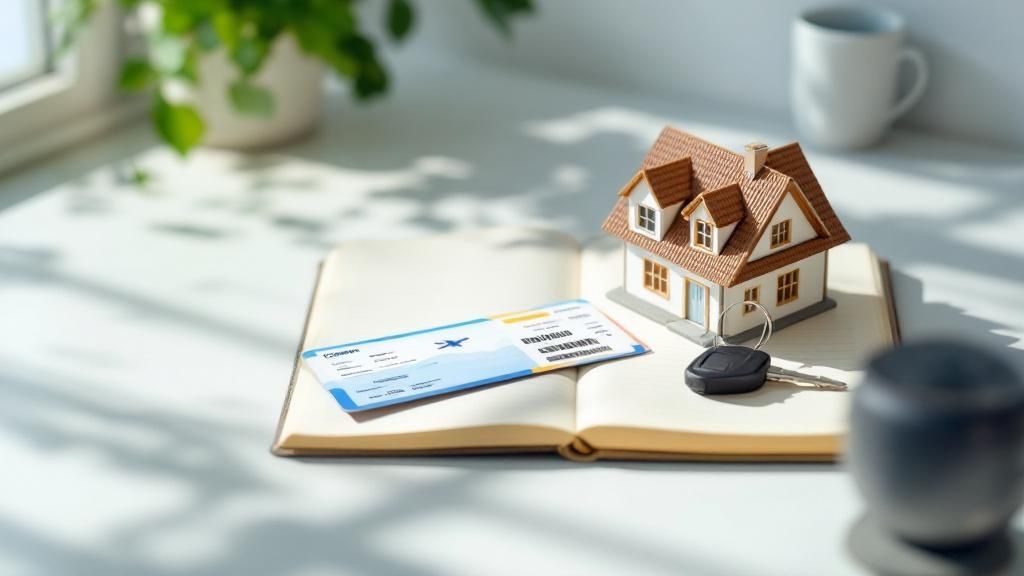 Miniature house, car key, and boarding pass placed on an open notebook, symbolising travel, property, and financial planning.