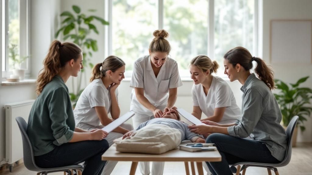Group of female healthcare professionals gathered around a patient on a treatment table in a bright room.