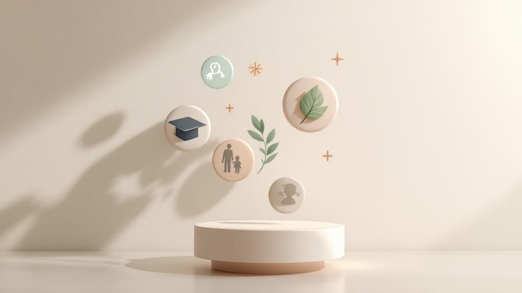 3D illustration of a white podium with floating icons representing education, family, environment, and personal identity—symbolising tax deductions and personal circumstances.