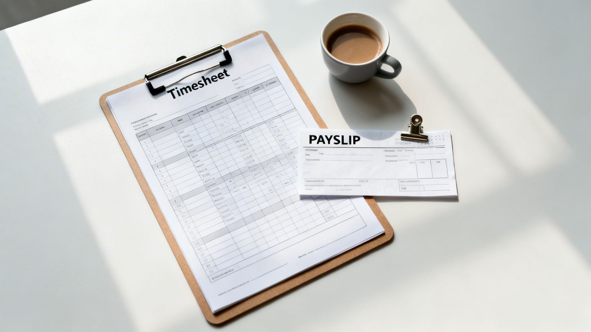 A timesheet on a clipboard, a payslip, and a coffee cup on a white desk.