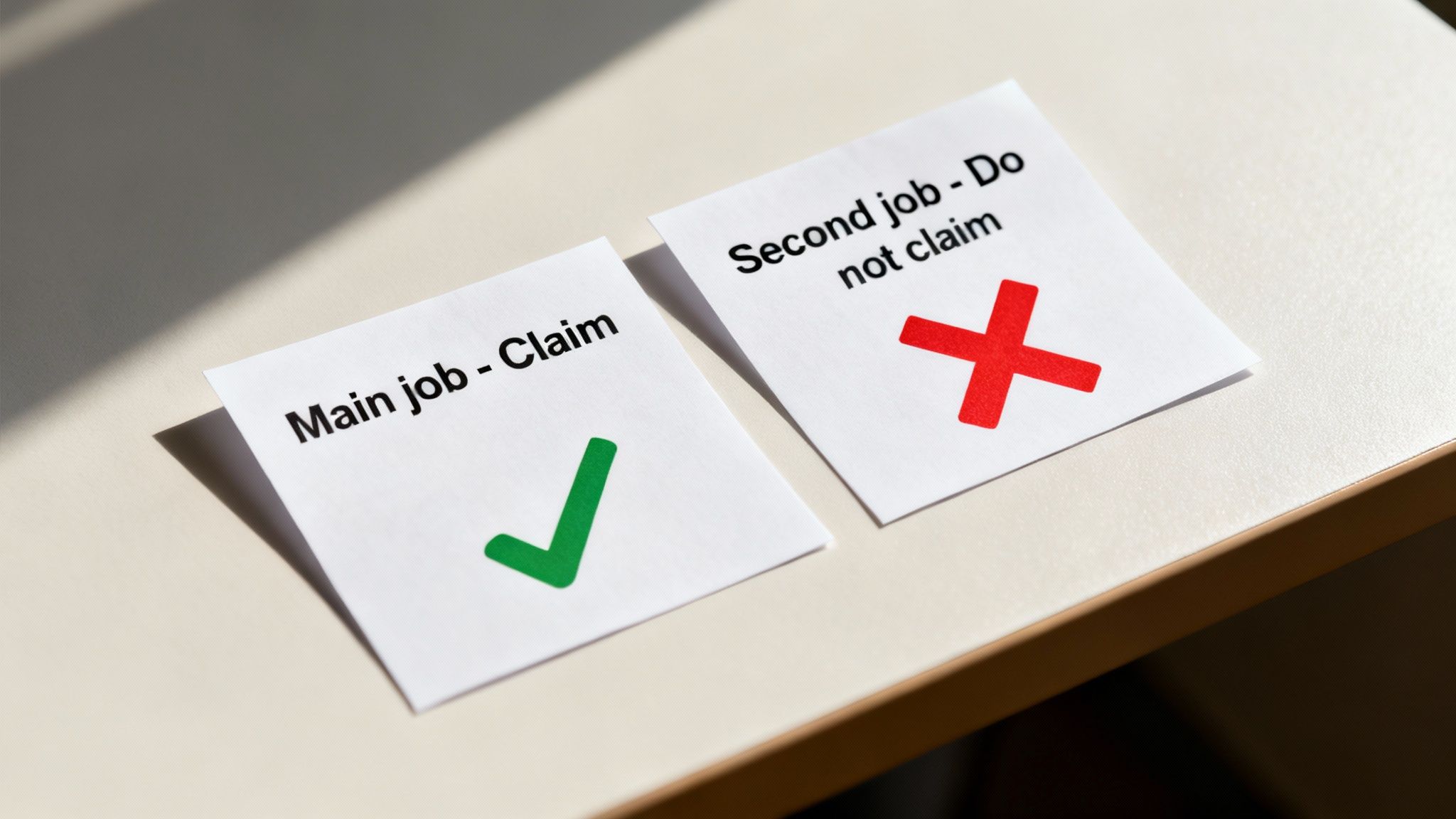 Two cards on a table advise on claiming the tax-free threshold for main and second jobs.