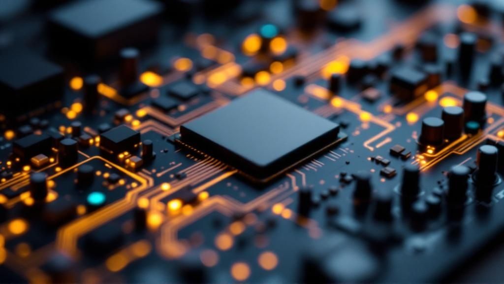 Close-up of a microchip and circuit board representing engineering and technology components