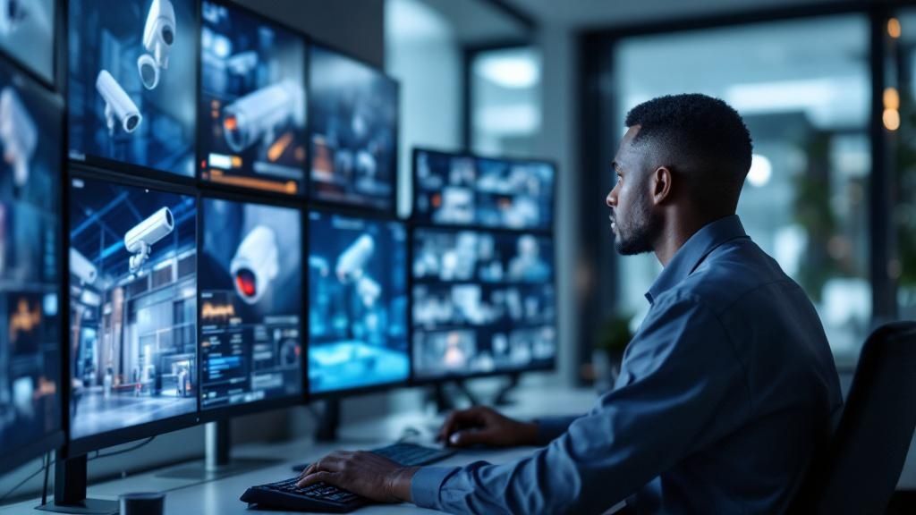 Security professional monitoring multiple surveillance screens in a control room