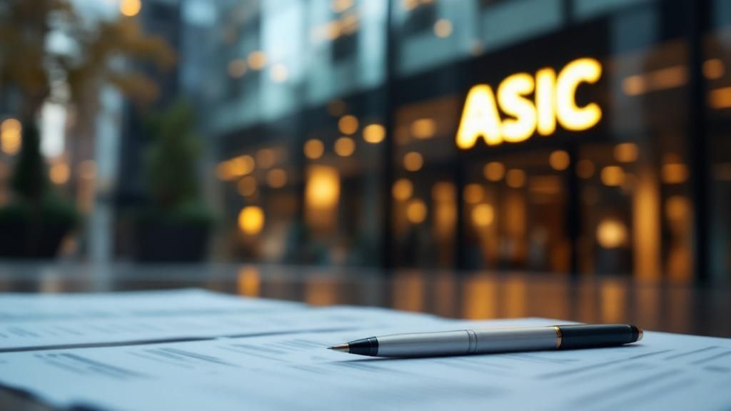 A pen resting on company registration documents in front of the ASIC building, symbolizing business structure setup in Australia.