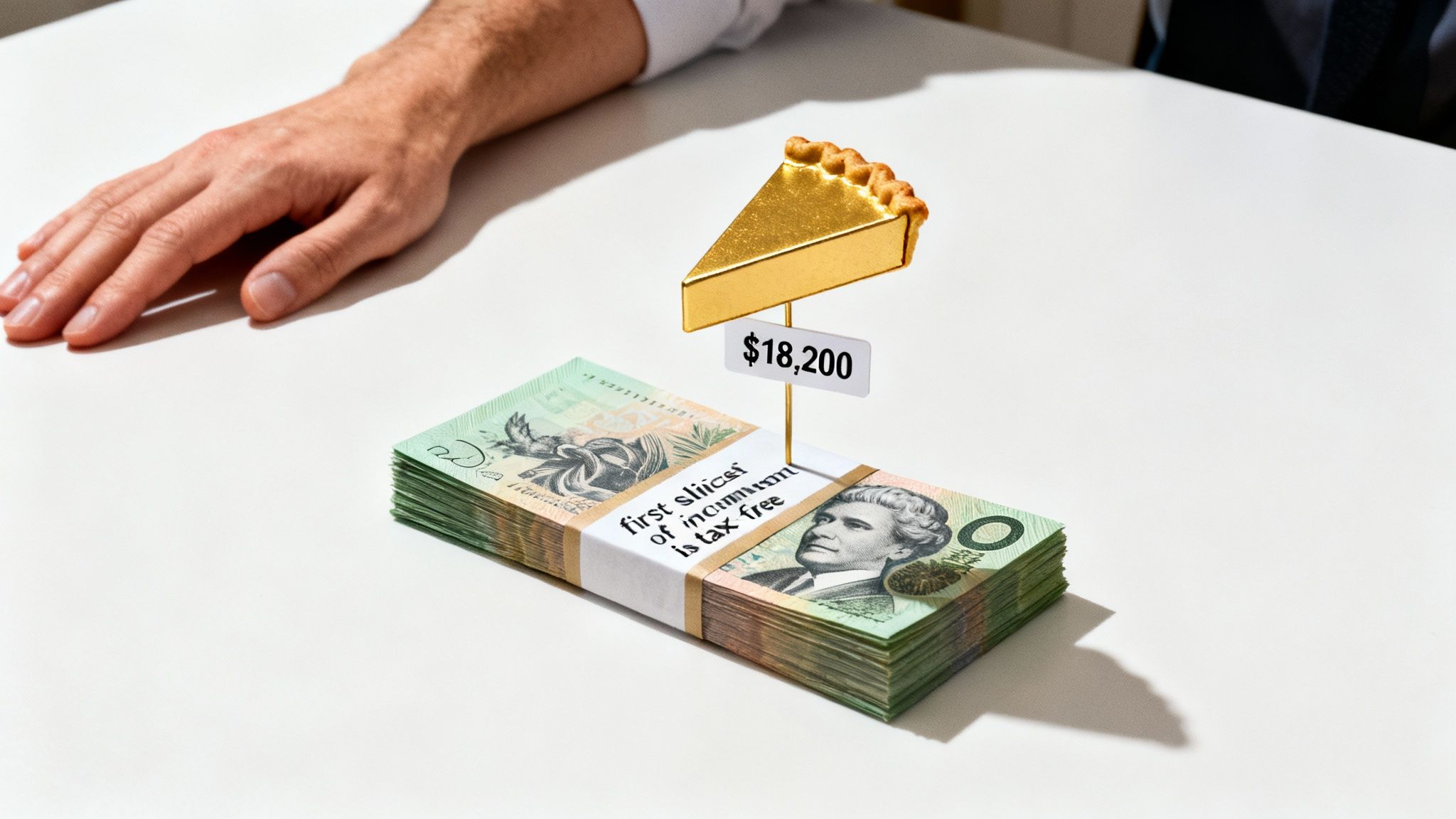 A man's hand next to a stack of Australian dollar bills with a golden pie slice representing a tax-free threshold of $18,200.