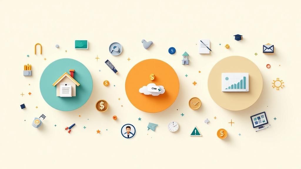 3D icons representing home, savings, and financial graphs related to tax income and deductions