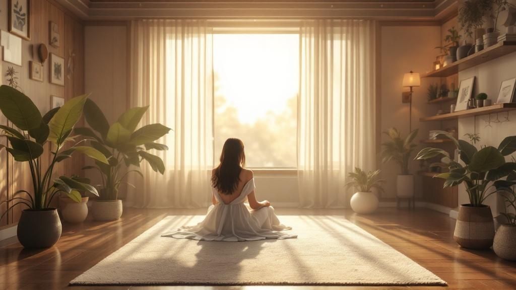A woman in a white dress sitting peacefully in a sunlit room with indoor plants