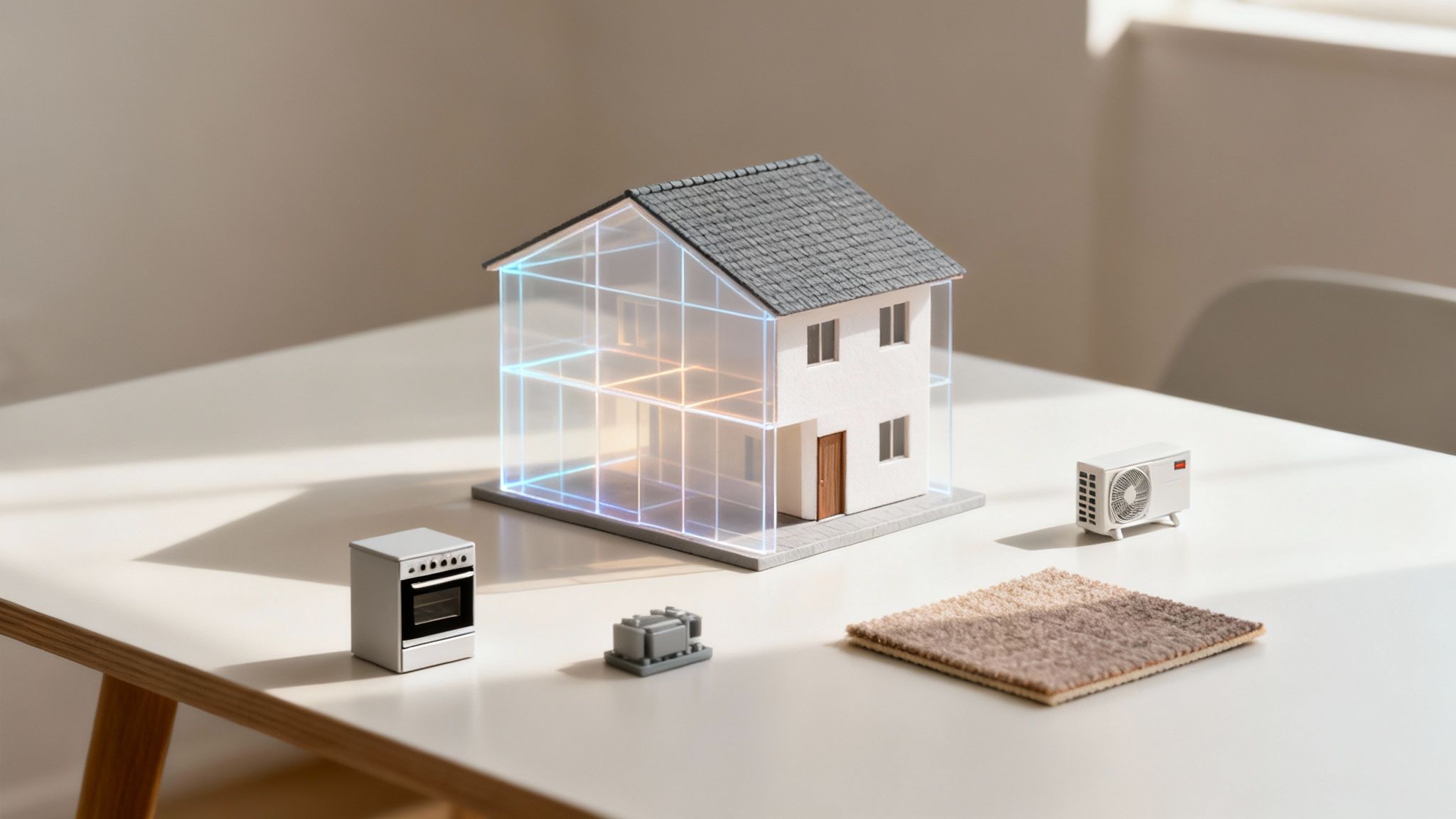 Miniature house model with glowing energy grid, appliances, and a carpet sample on a sunlit table.