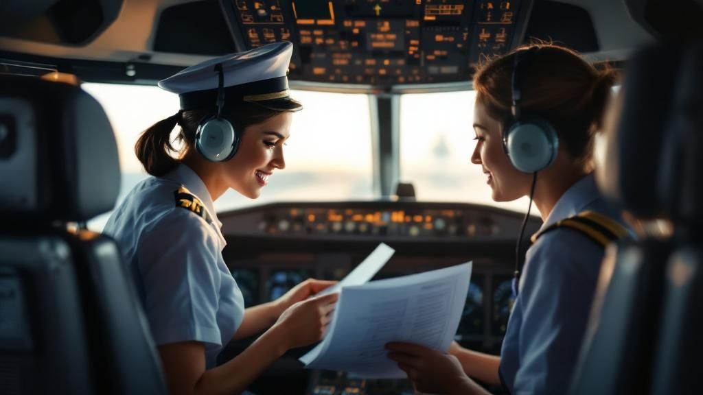 Two female pilots in a cockpit reviewing documents, representing flight crew tax planning in Australia.