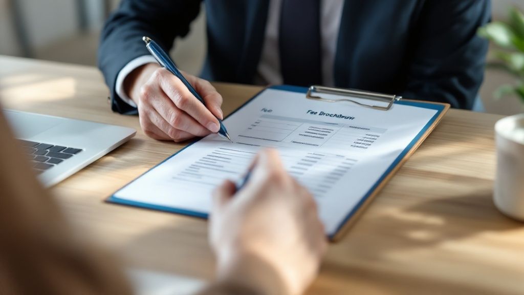 Two people reviewing and discussing a legal or tax document on a clipboard during a consultation