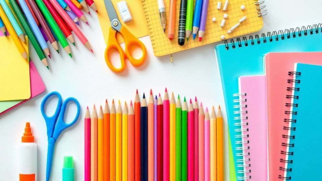 Assorted colorful school supplies including pencils, notebooks, scissors, and erasers arranged on a white surface