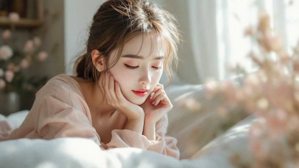 Peaceful young woman sitting by the window in morning light, deep in thought