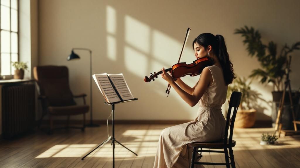 Young woman playing the violin at home with sheet music on a stand in a warmly lit room