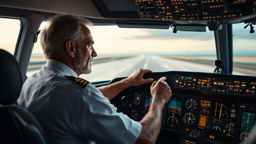 Senior commercial pilot flying an airplane, focused in the cockpit at sunset