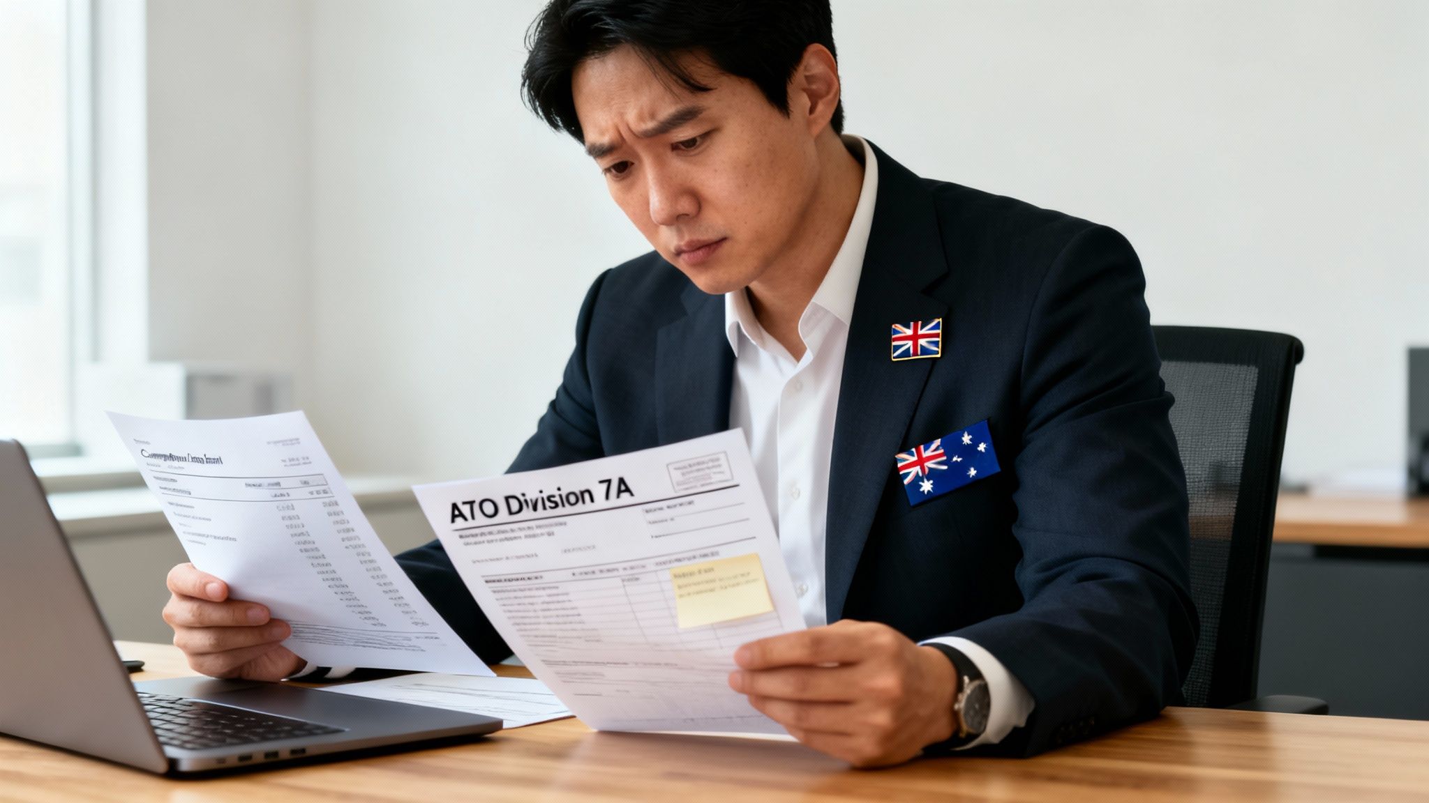 정장 차림의 남성이 ATO Division 7A 서류를 보며 걱정스러운 표정으로 앉아 있습니다. 영국과 호주 국기 핀을 달고 있습니다.