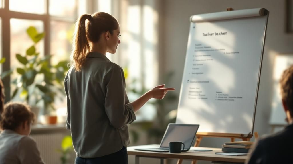 A female teacher presenting to a small group, pointing at a flip chart in a classroom setting.