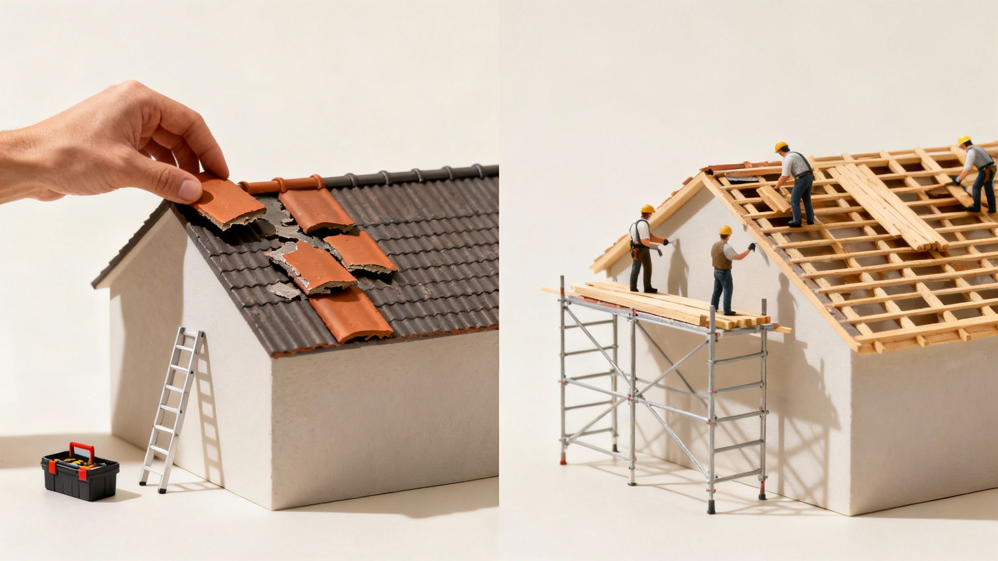 Miniature houses depicting roof repair; one with broken tiles, another with workers building a new roof frame.
