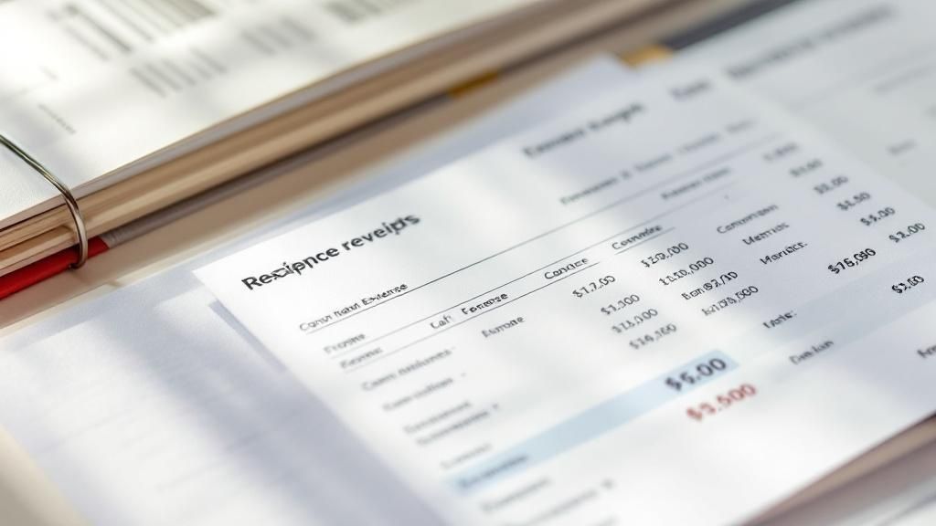 Close-up of financial expense and income report labeled “Residence receipts”