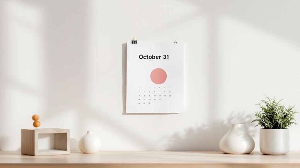Minimalist calendar on a wall showing October 31 with modern decor – emphasizing Australian tax deadline.