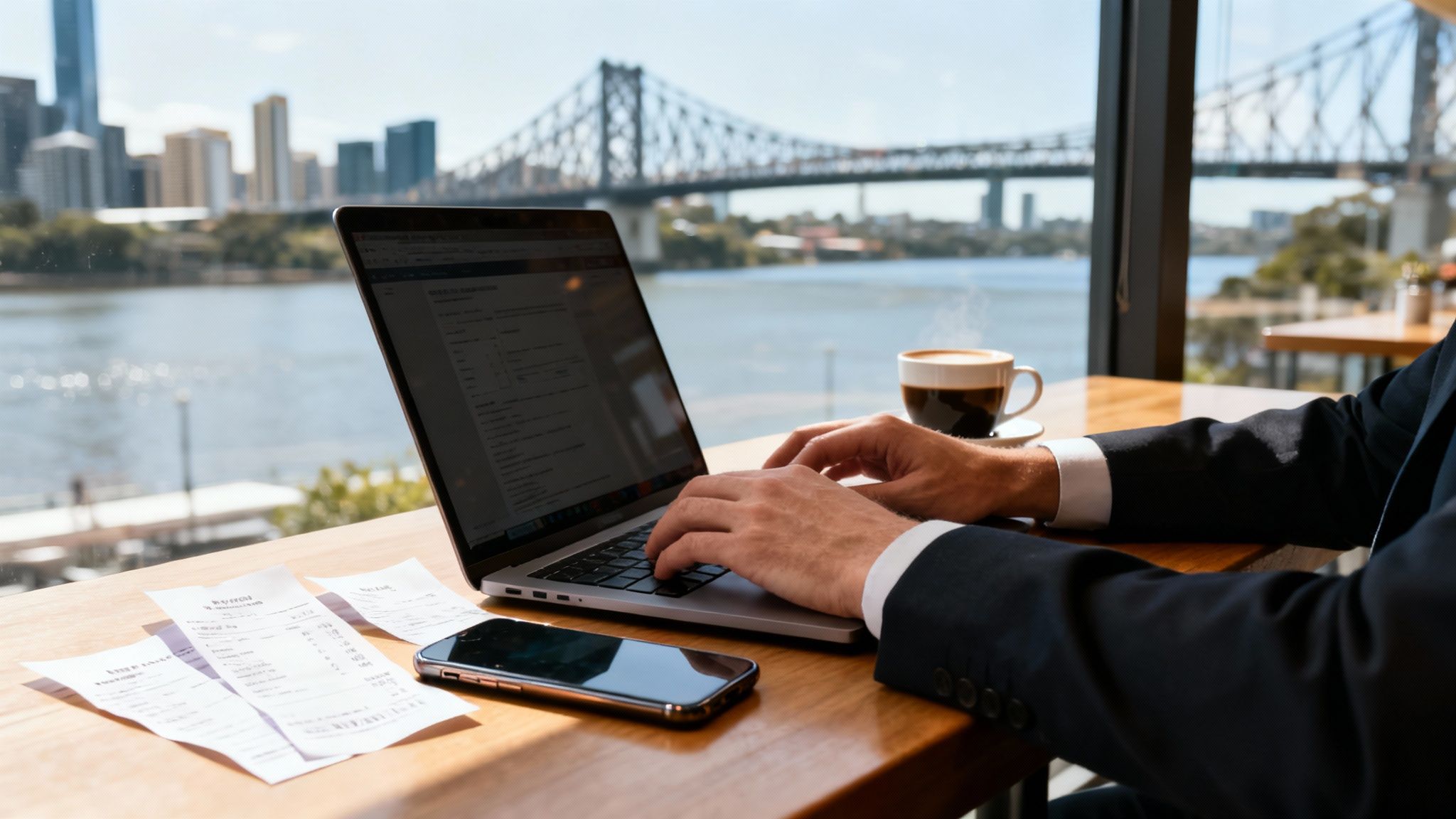 강변 풍경이 보이는 창가에서 남자가 노트북을 사용하고 있다. 탁자 위에는 커피, 스마트폰, 영수증이 놓여 있다.