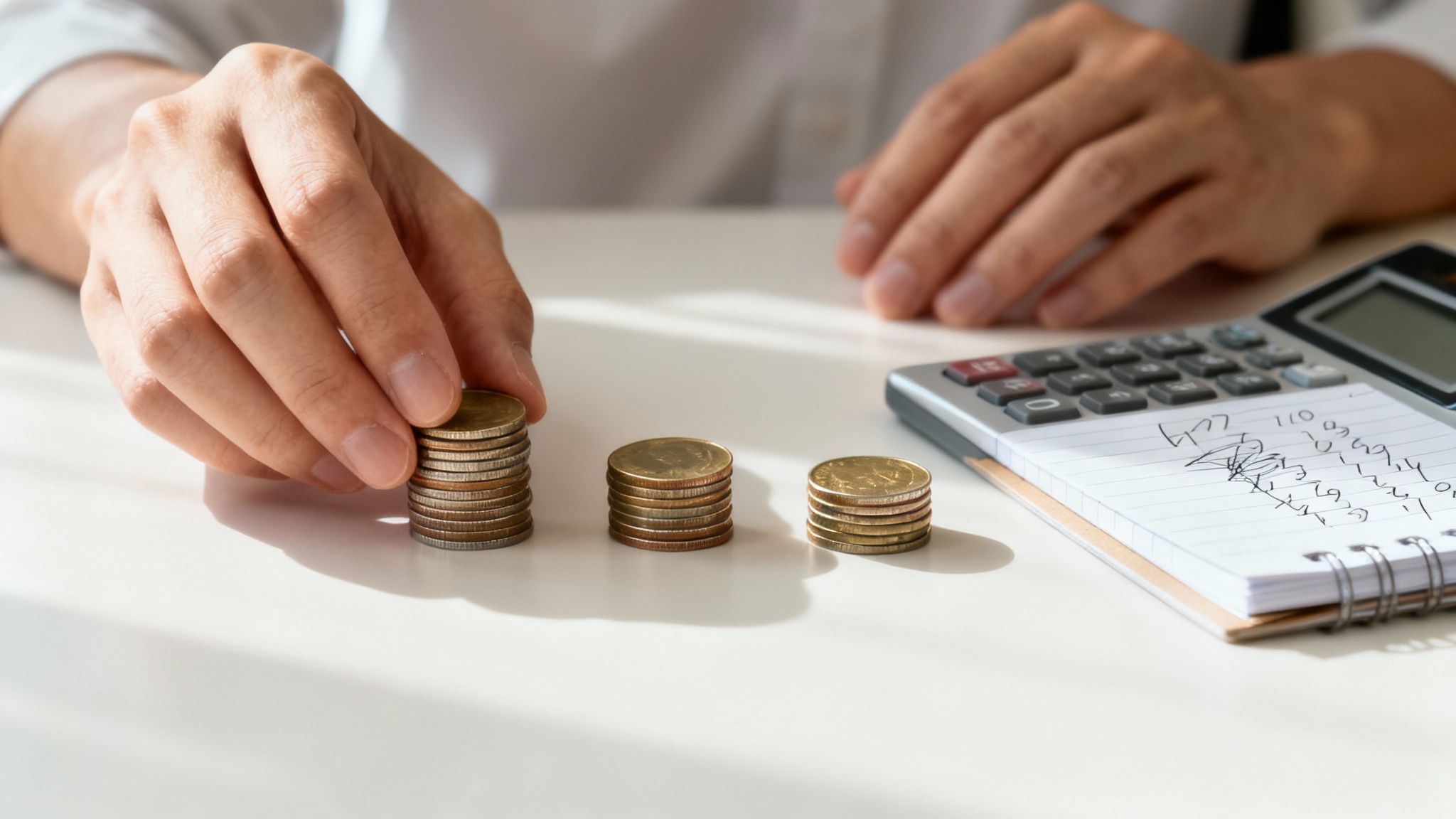 흰색 책상 위, 손이 동전 더미를 쌓고 있으며, 계산기와 메모지가 놓여 있는 모습.