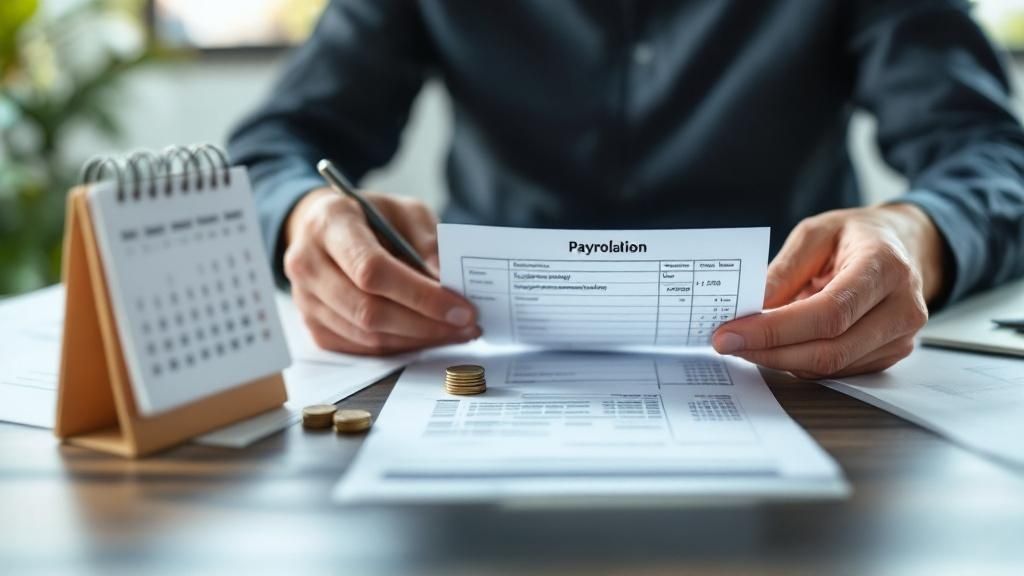 A person reviewing payroll documents at a desk, with coins, a calendar, and financial paperwork visible.