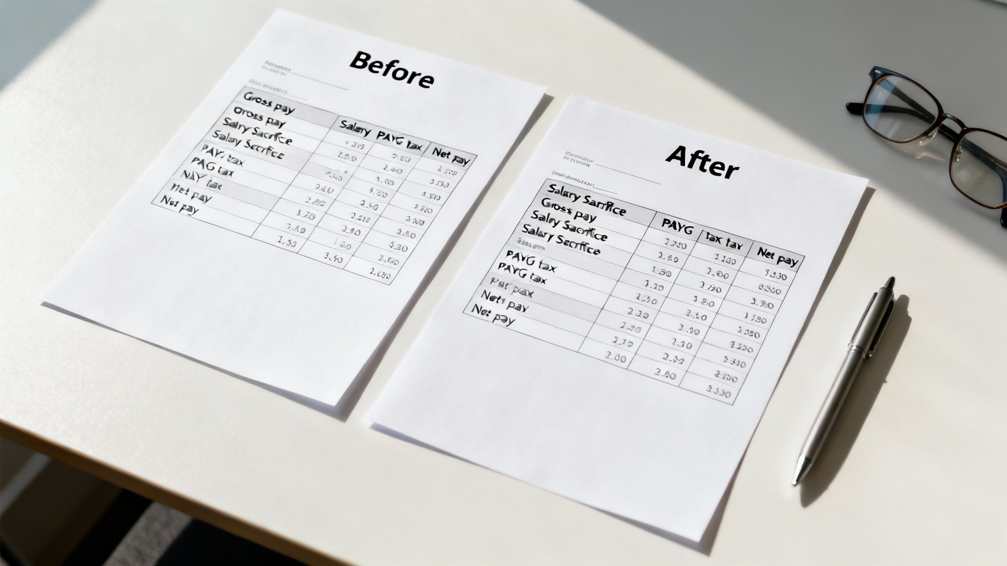 Two documents, 'Before' and 'After', displaying salary sacrifice and tax calculations on a desk with a pen and glasses.