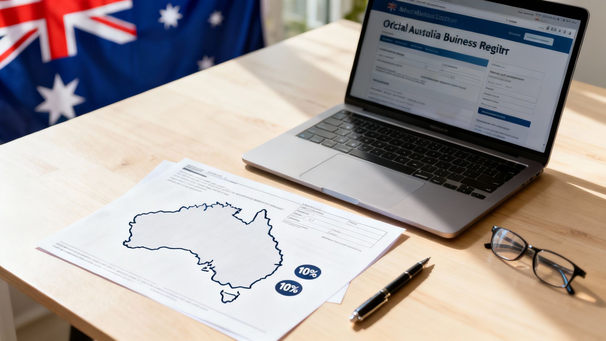 Laptop on a desk with Australian flag and documents illustrating how to register for GST in Australia step by step for small businesses.