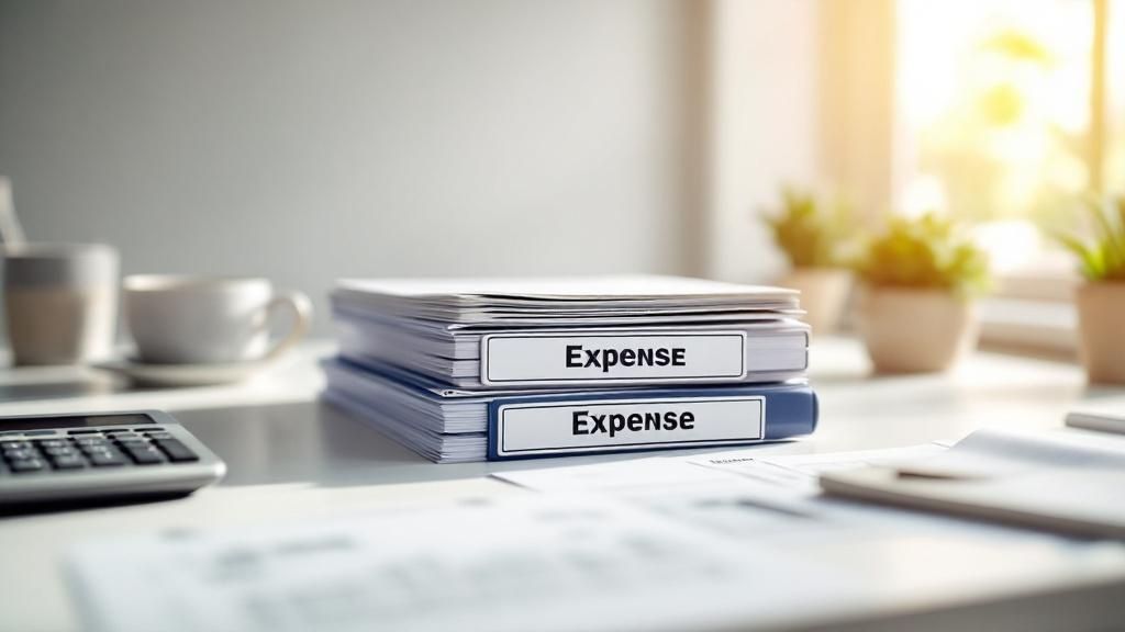 Stack of folders labeled 'Expense' on a desk with documents, calculator, and coffee cup in a well-lit office
