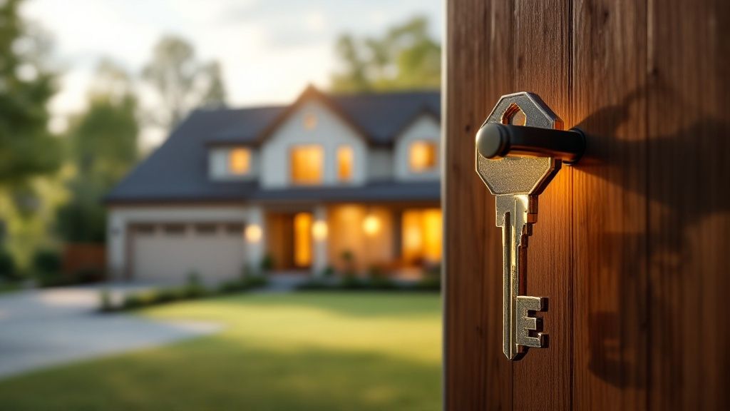 House key in door with suburban home in background – symbolizing property ownership, main residence exemption, and Capital Gains Tax (CGT) in Australia.