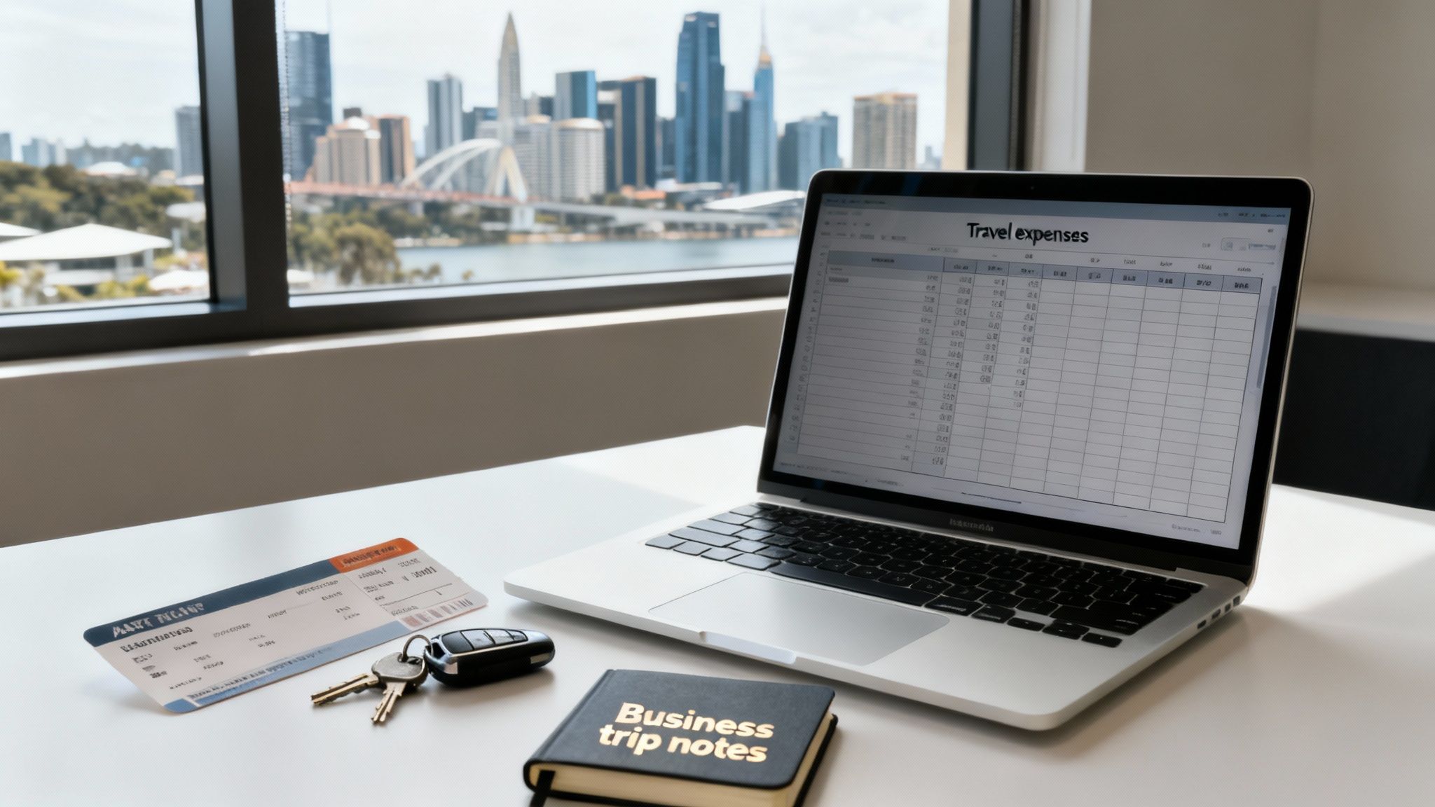 Desk setup for business travel planning with laptop displaying travel expenses, boarding pass, keys, and notes.