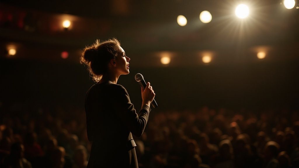 A female speaker holding a microphone on stage in front of an audience