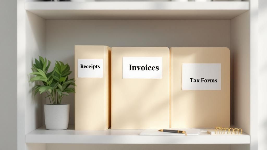 Organized shelf with labeled folders for receipts, invoices, and tax forms, emphasizing proper tax documentation