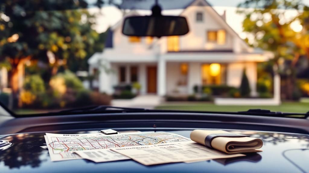 Map and rental listing brochure on a car dashboard with a house in the background, representing property inspection and rental availability