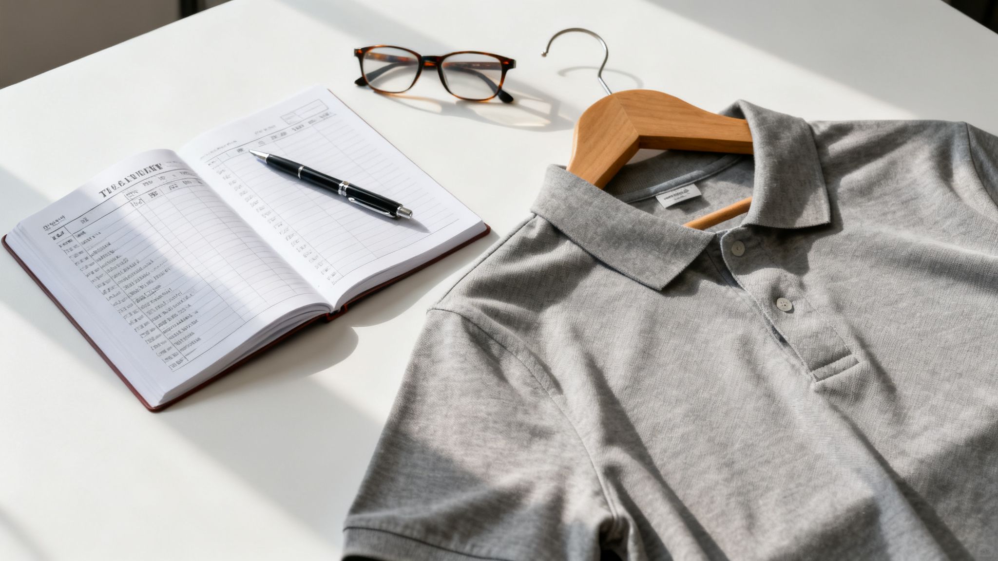A grey polo shirt on a hanger, an open notebook with a pen, and eyeglasses on a white desk.
