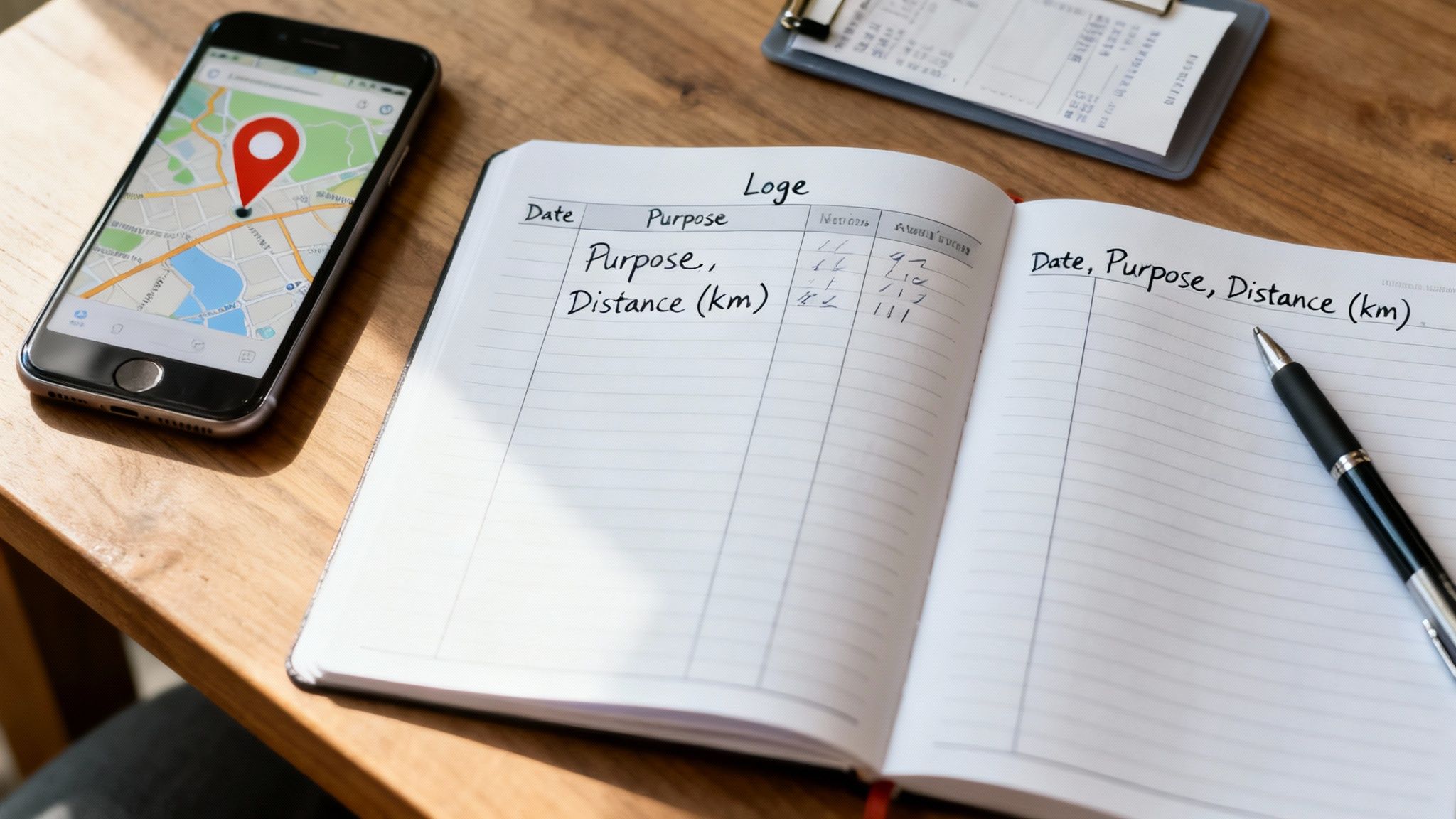A smartphone displaying a map with a red pin, next to an open notebook for mileage logging.