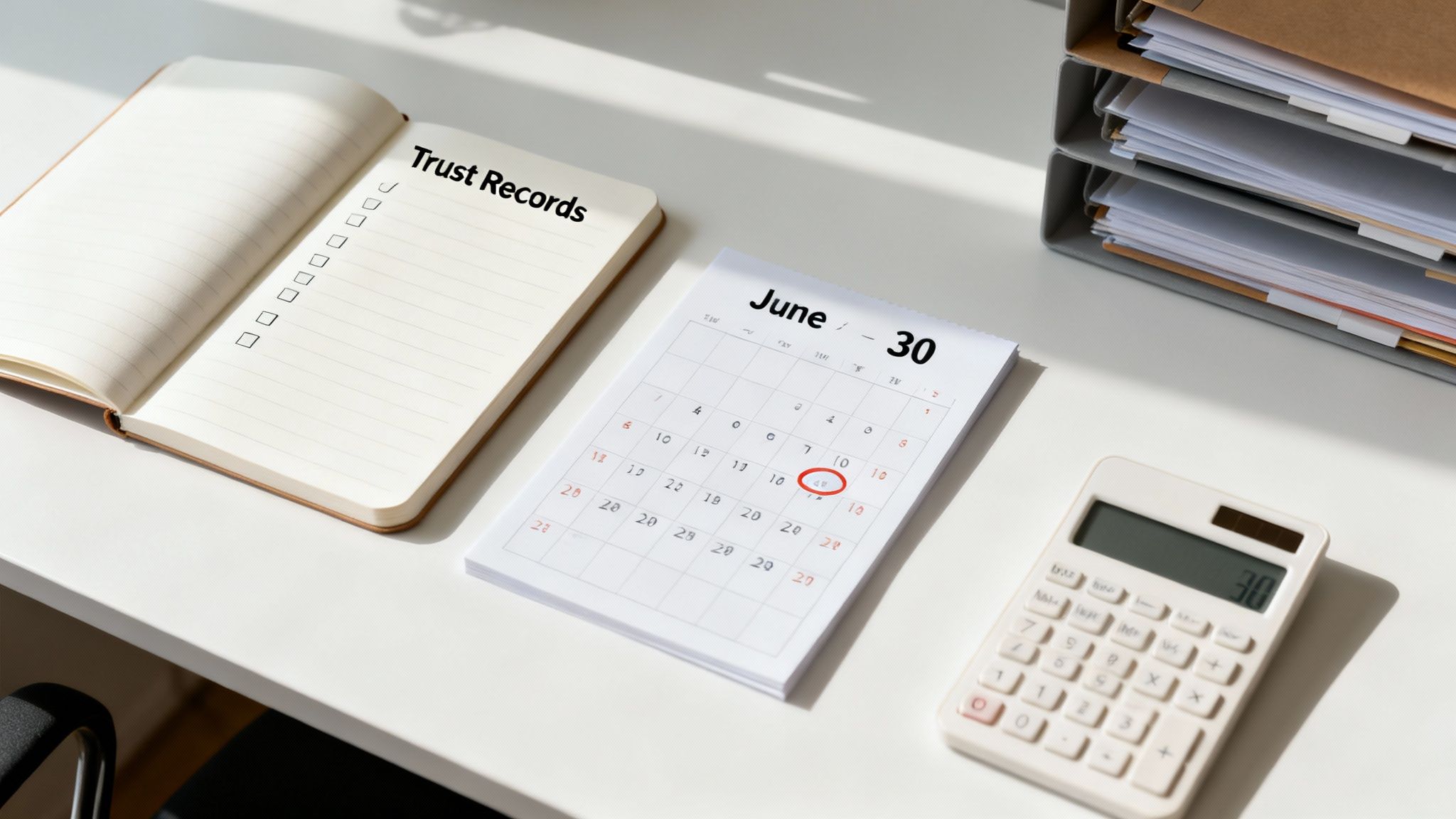 An office desk with a notebook titled 'Trust Records', a June calendar, calculator, and financial files.