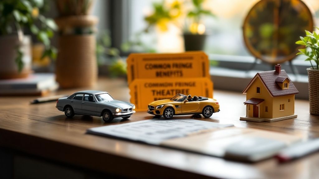 Miniature cars and a house model representing common fringe benefits like company vehicles and housing, displayed on a desk.